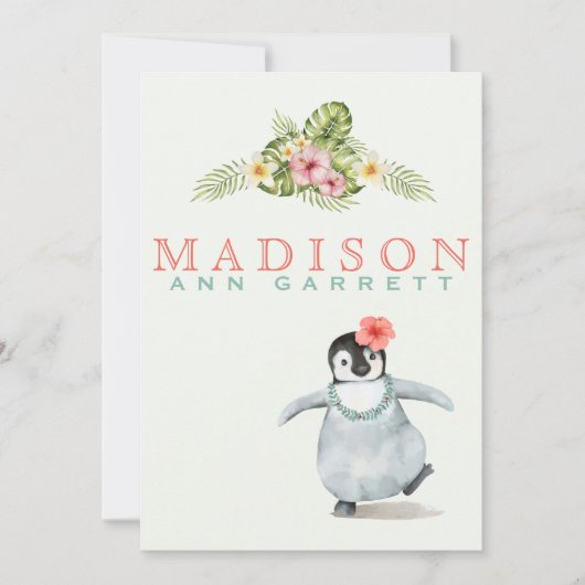 キュートなトロピカルペンギンピンクベビーガールフォト誕生 案内状 (正面)