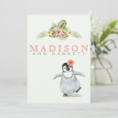 キュートなトロピカルペンギンピンクベビーガールフォト誕生 案内状 (スタンド正面)