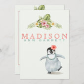 キュートなトロピカルペンギンピンクベビーガールフォト誕生 案内状 (正面/裏面)