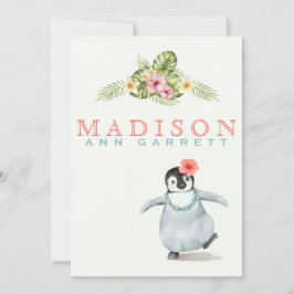 キュートなトロピカルペンギンピンクベビーガールフォト誕生 案内状