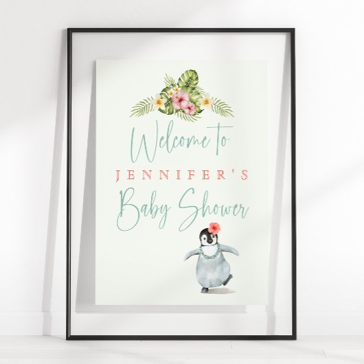 キュートなトロピカルペンギンピンクベビーガールベイビーシャワー ポスター
