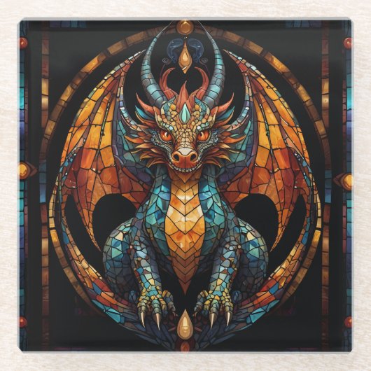 キュートなドラゴンステンドグラスモザイクデザイン ガラスコースター (正面)