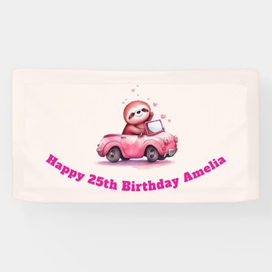 キュートなナマケモノのピンクのオープンカーの誕生日 横断幕 (横)
