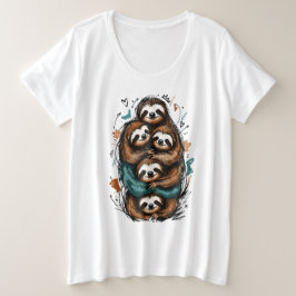 キュートなナマケモノファミリースタック – 面白い手描きデザイン プラスサイズTシャツ