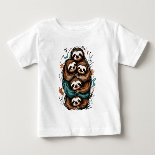 キュートなナマケモノファミリースタック – 面白い手描きデザイン ベビーTシャツ (正面)