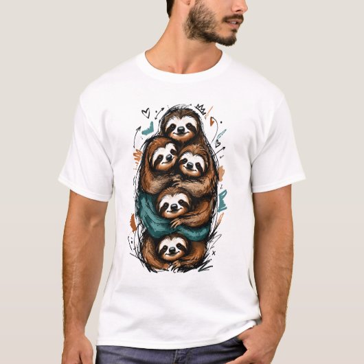キュートなナマケモノファミリースタック – 面白い手描きデザイン Tシャツ (正面)