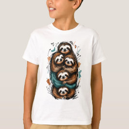 キュートなナマケモノファミリースタック – 面白い手描きデザイン Tシャツ