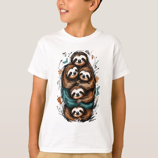 キュートなナマケモノファミリースタック – 面白い手描きデザイン Tシャツ (正面)