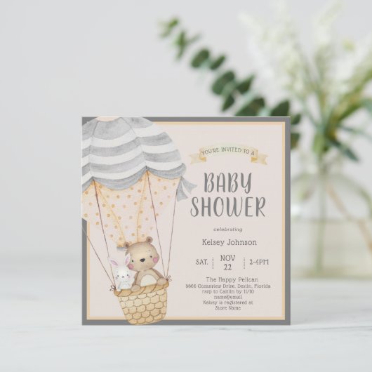 キュートなニュートラルウッドランド動物園の動物の赤ちゃんシャワー 招待状 (スタンド正面)