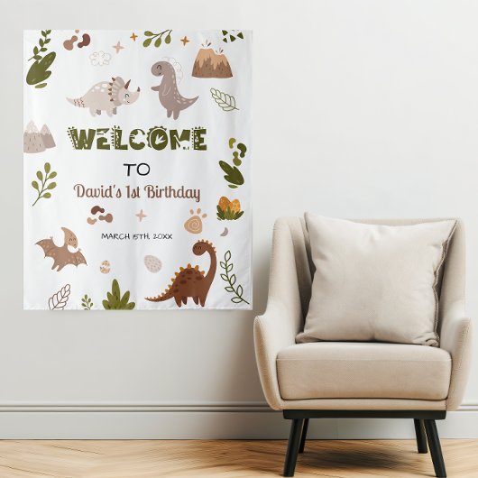 キュートなニュートラル恐竜パーティータペストリー歓迎サイン タペストリー