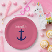 キュートなネイビーいかりとピンクホワイト名前をカスタムする ペーパープレート (パーティー)