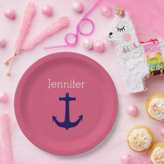 キュートなネイビーいかりとピンクホワイト名前をカスタムする ペーパープレート (パーティー)