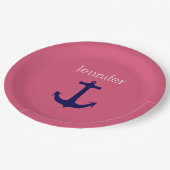 キュートなネイビーいかりとピンクホワイト名前をカスタムする ペーパープレート (アングル)