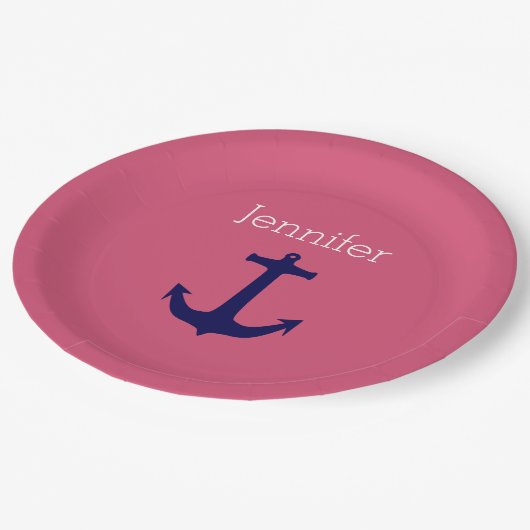 キュートなネイビーいかりとピンクホワイト名前をカスタムする ペーパープレート (アングル)