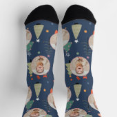 キュートなネイビーブルーおもしろいクリスマスフォトホリデー ソックス (上部)