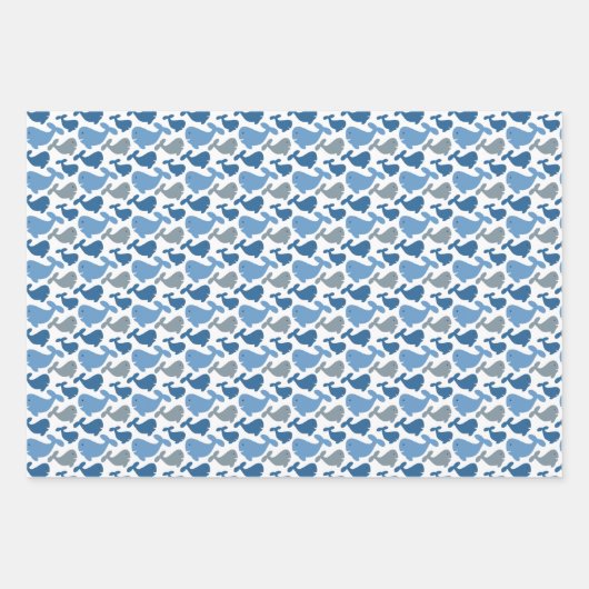 キュートなネイビーブルーグレーホエールキッズ ラッピングペーパーシート (正面2)