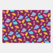 キュートなネイビーブルー、イエロー&パープル恐竜誕生日 ラッピングペーパーシート (正面3)