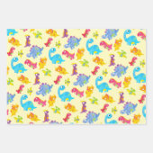 キュートなネイビーブルー、イエロー&パープル恐竜誕生日 ラッピングペーパーシート (正面2)