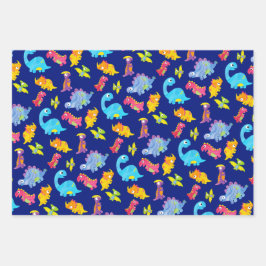キュートなネイビーブルー、イエロー&パープル恐竜誕生日 ラッピングペーパーシート