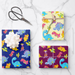 キュートなネイビーブルー、イエロー&パープル恐竜誕生日 ラッピングペーパーシート