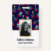 キュートなネイビー飾ブサボテンの木のクリスマスライト バッジ (正面)