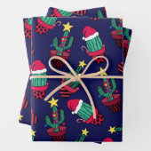 キュートなネイビー飾ブサボテンの木のクリスマスライト ラッピングペーパーシート (インサイチュ)