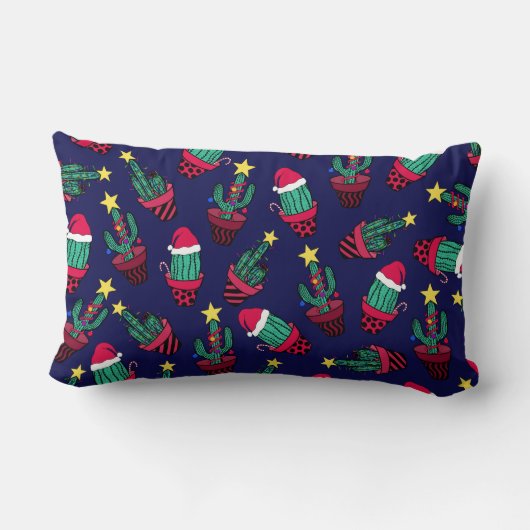 キュートなネイビー飾ブサボテンの木のクリスマスライト ランバークッション (裏面)