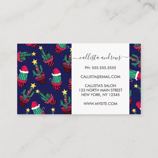 キュートなネイビー飾ブサボテンの木のクリスマスライト 名刺 (裏面)