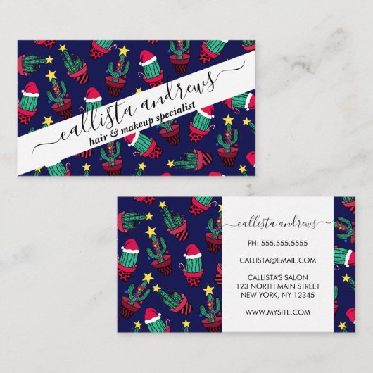 キュートなネイビー飾ブサボテンの木のクリスマスライト 名刺 (正面/裏面)