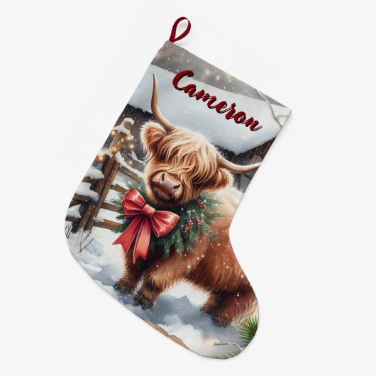 キュートなハイランドの牛のパーソナライズされたクリスマス ラージクリスマスストッキング (正面 (吊り時))