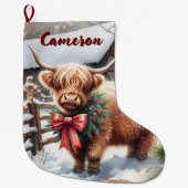キュートなハイランドの牛のパーソナライズされたクリスマス ラージクリスマスストッキング (正面)
