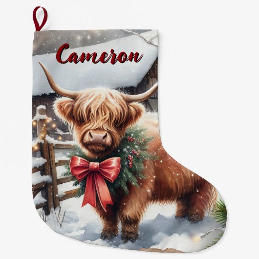 キュートなハイランドの牛のパーソナライズされたクリスマス ラージクリスマスストッキング (正面)