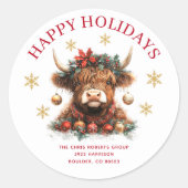 キュートなハイランドカウのクリスマスビジネス ラウンドシール (正面)