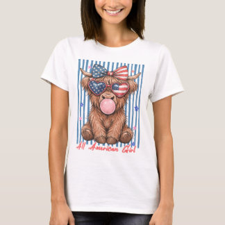 キュートなハイランドカウ アメリカ愛国心 ガーリー 自由 楽しい Tシャツ