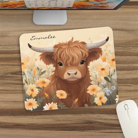 キュートなハイランド牛のフローラとモノグラム マウスパッド