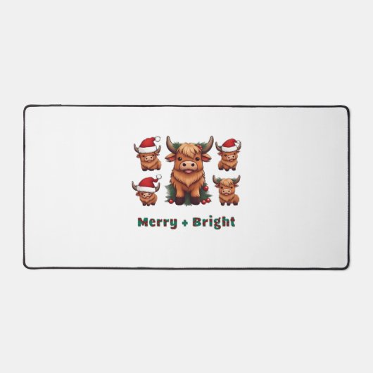 キュートなハイランド牛のメリークリスマスと明るいスコット デスクマット (正面)