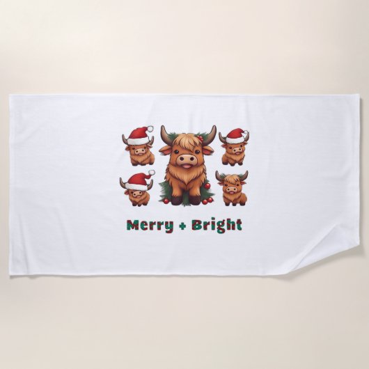 キュートなハイランド牛のメリークリスマスと明るいスコット ビーチタオル (正面)