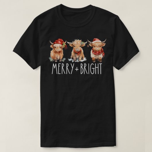 キュートなハイランド牛のメリークリスマスブライト牛クリスマス Tシャツ (デザイン正面)
