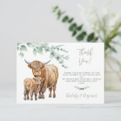 キュートなハイランド牛の緑のユーカリの赤ちゃんシャワー サンキューカード (スタンド正面)