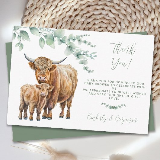 キュートなハイランド牛の緑のユーカリの赤ちゃんシャワー サンキューカード