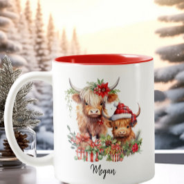キュートなハイランド牛ふくらはぎクリスマスサンタハット ツートーンマグカップ