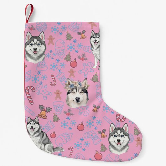 キュートなハスキー犬のクリスマス+冬のシームレスパターン スモールクリスマスストッキング (正面)
