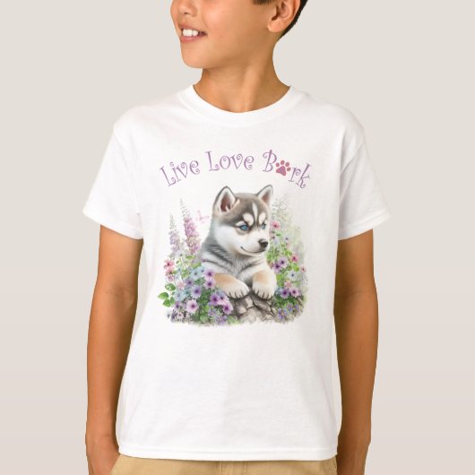 キュートなハスキー犬の花 Tシャツ (正面)