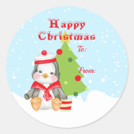 キュートなハッピークリスマスペンギンのセーラープレゼント ラウンドシール
