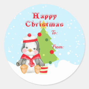 キュートなハッピークリスマスペンギンのセーラープレゼント ラウンドシール