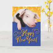 キュートなハッピーニューイヤー豚とボウタイ カード (黄色い花)