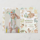 キュートなハッピー恐竜3番目の誕生日写真 招待状 (正面/裏面)