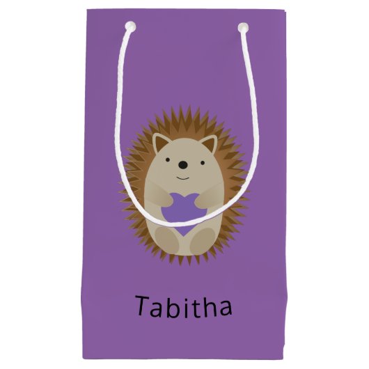 キュートなハリネズミと紫のハート スモールペーパーバッグ (正面)