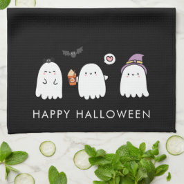 キュートなハロウィンのおばけ ブラック キッチンタオル