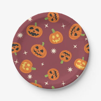 キュートなハロウィンのカボチャ柄 ダークレッド ペーパープレート